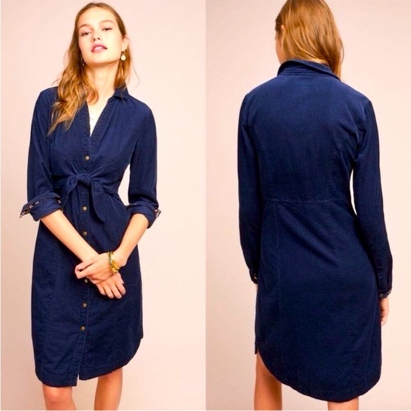 Anthropologie Dresses & Skirts - Anthropologie Maeve Dress Corduroy Winchester Blue Tie Front Button Shirt Dress